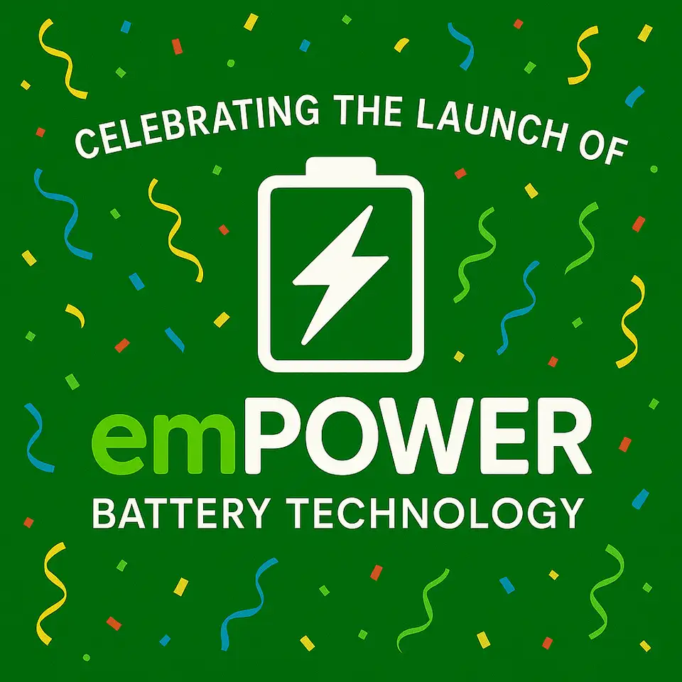 Empower Battery Technology company launch announcement graphic featuring Glass Anode™ technology roadmap and branding